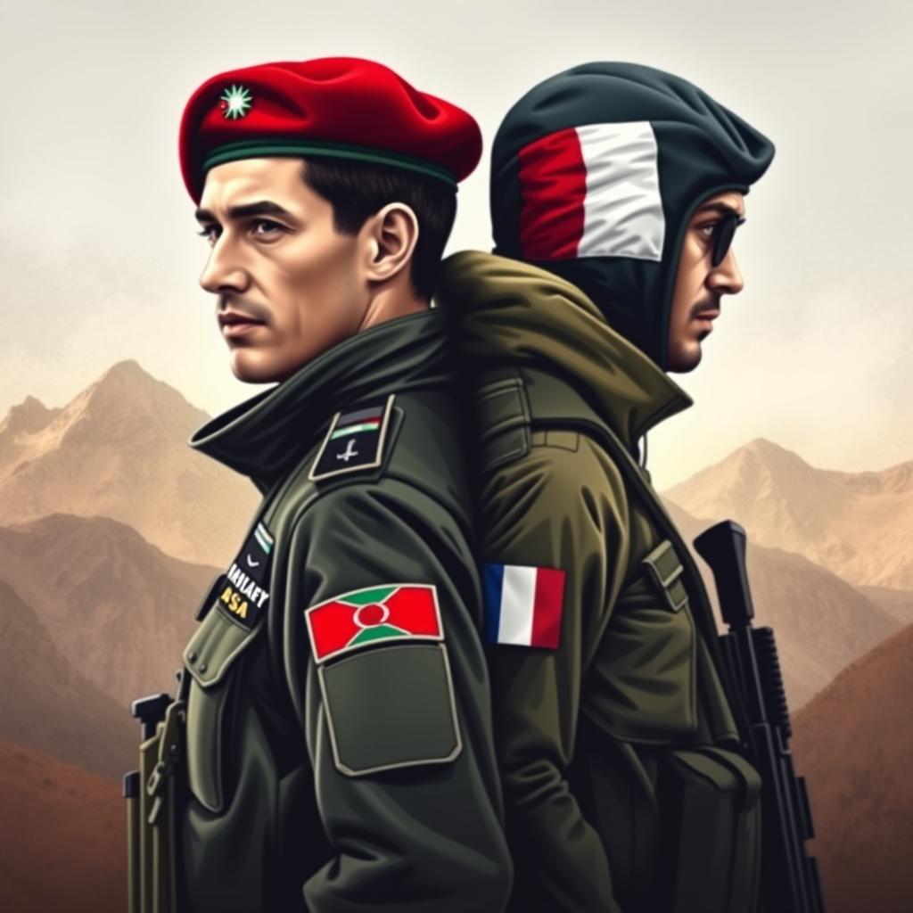 A t-shirt design featuring two soldiers back to back: a Jordanian soldier and a French alpine hunter, each wearing their respective military berets