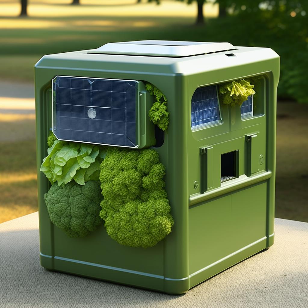 Start with a rectangular bin for the EcoHarvestBin. Add a triangular or square solar panel at the top center of the rectangle representing the solar-powered sensors.