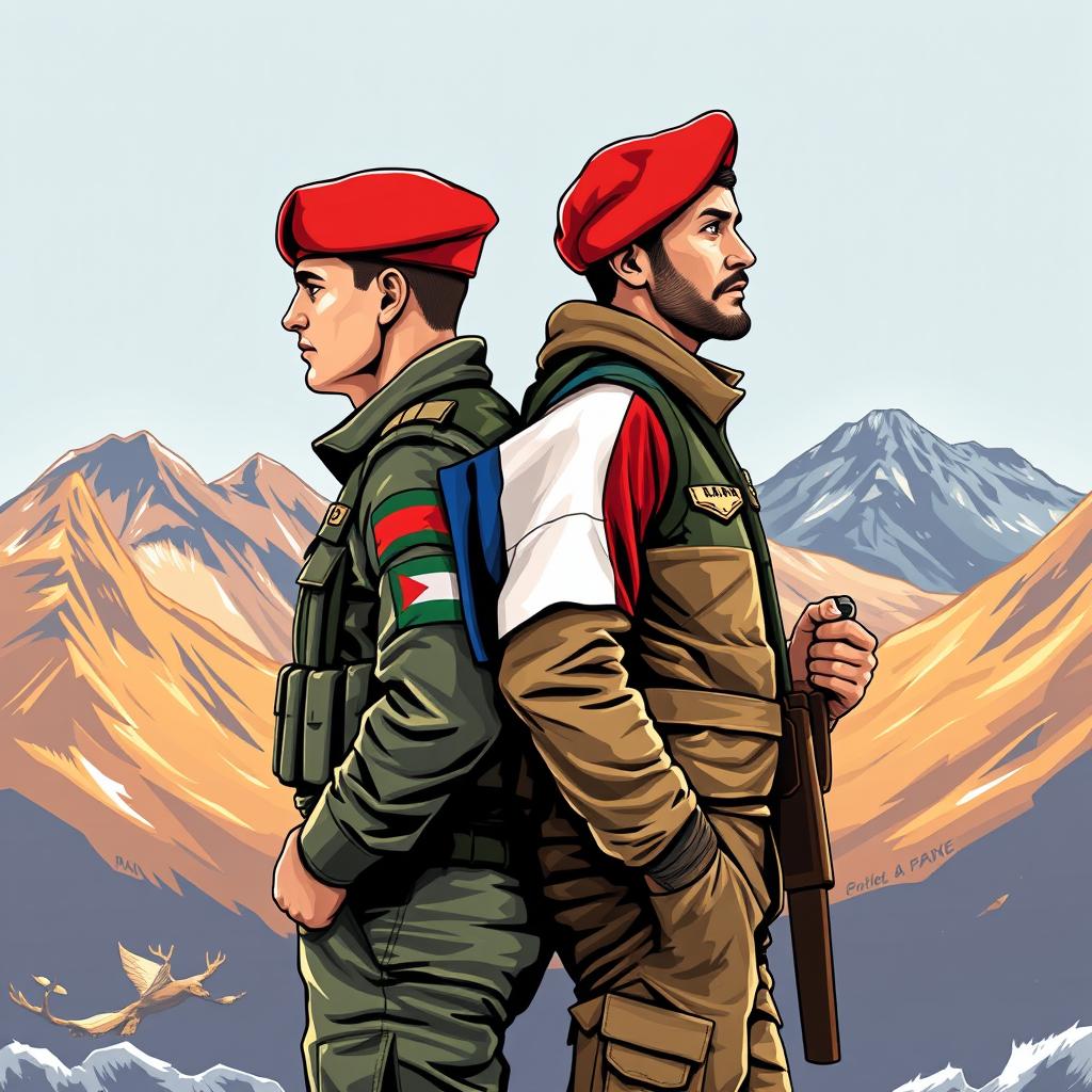 A dynamic and artistic illustration for a t-shirt featuring a Jordanian soldier and a French alpine hunter standing back to back, both wearing their respective berets