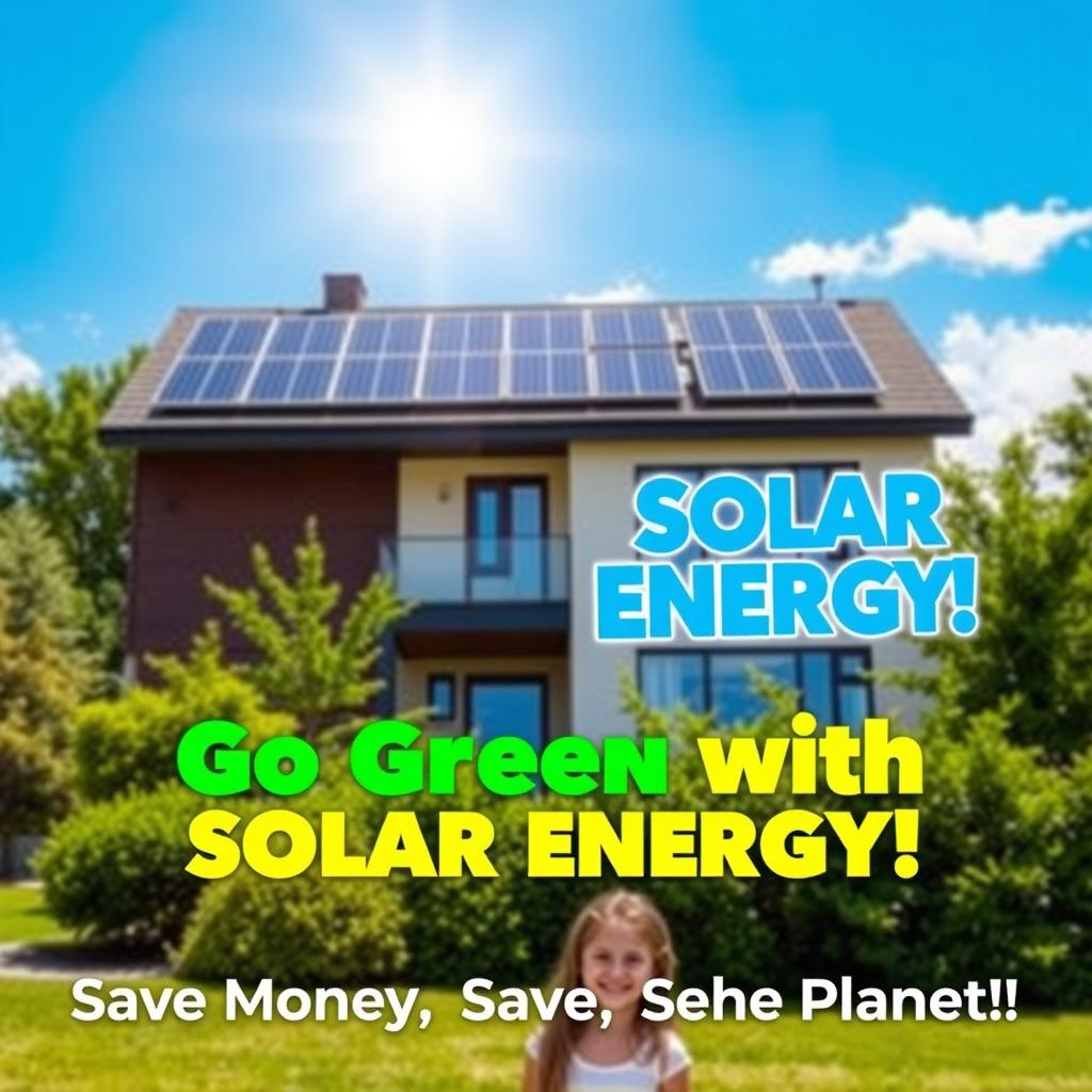 A dynamic advertisement for solar energy installation services, featuring a visually striking image of a modern home with solar panels installed on the roof, surrounded by lush greenery under a bright blue sky
