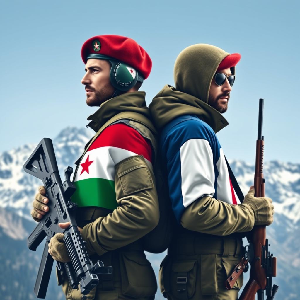 A t-shirt design featuring a Jordanian soldier and a French Alpine hunter, depicted back to back