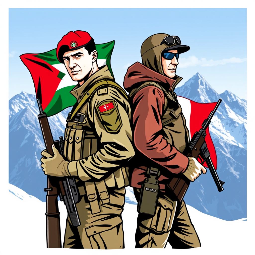 A stylized t-shirt design showcasing a Jordanian soldier and a French alpine hunter standing back to back