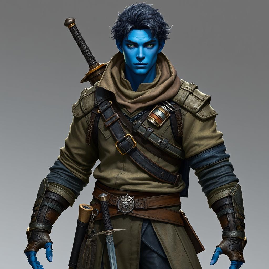 A humanoid figure with blue skin, of medium height and build, dressed in a combination of various clothing styles layered over lightweight leather armor