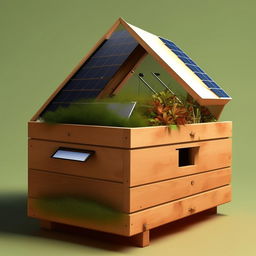 Start with a rectangular bin for the EcoHarvestBin. Add a triangular or square solar panel at the top center of the rectangle representing the solar-powered sensors.