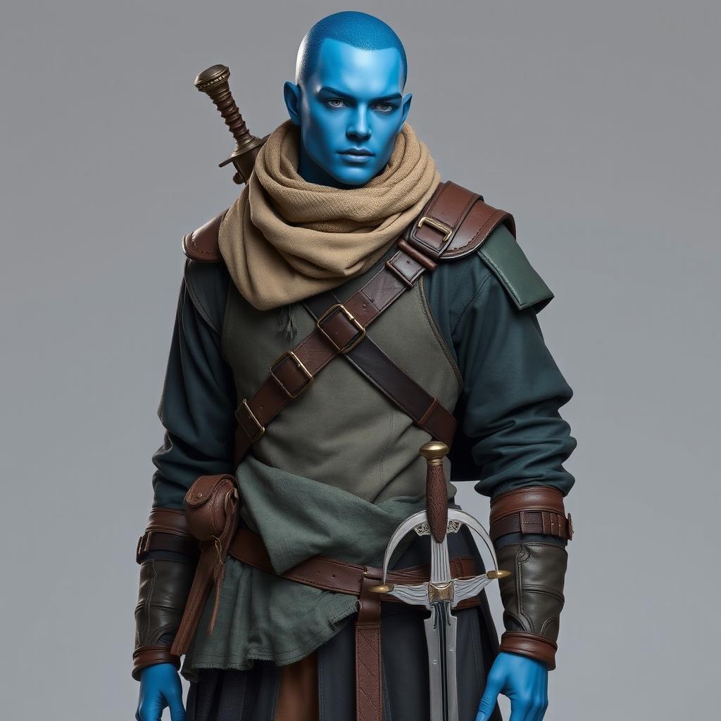 A humanoid figure with blue skin, of medium height and build, dressed in a combination of various clothing styles layered over lightweight leather armor