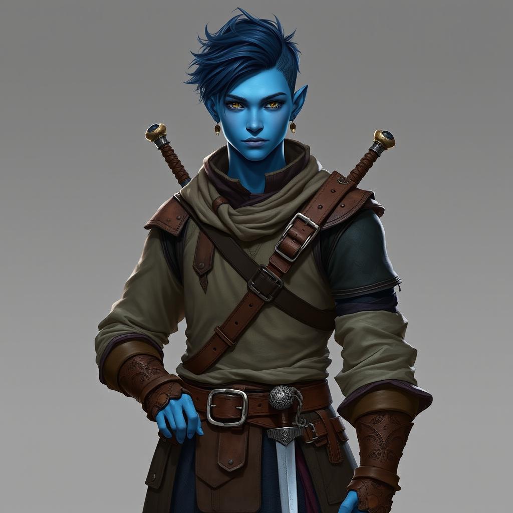 A humanoid water genasi with blue skin, medium height and build, featuring short, styled hair