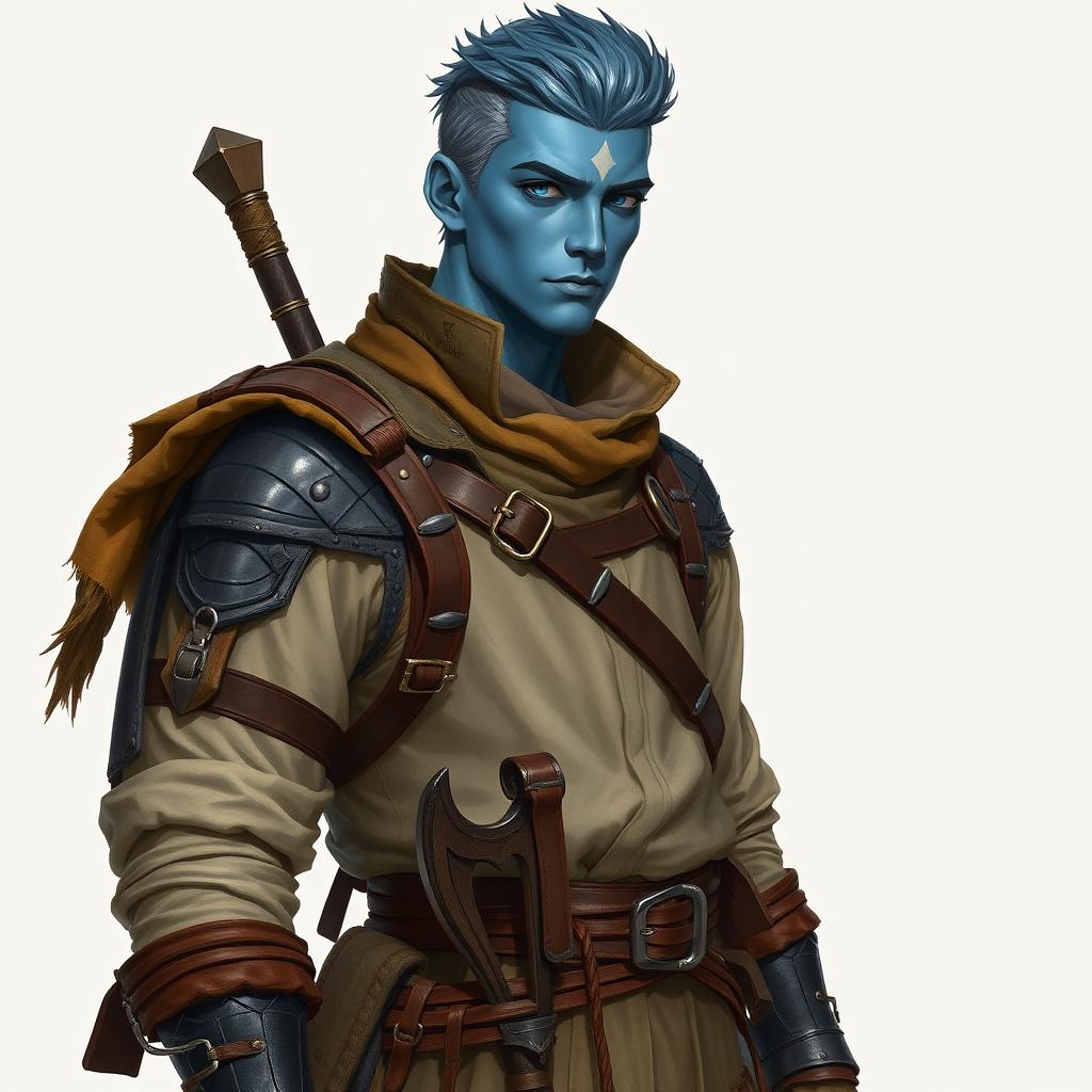 A male water genasi with blue skin, of medium height and build, featuring short, styled hair