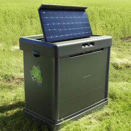 Start with a rectangular bin for the EcoHarvestBin. Add a triangular or square solar panel at the top center of the rectangle representing the solar-powered sensors.