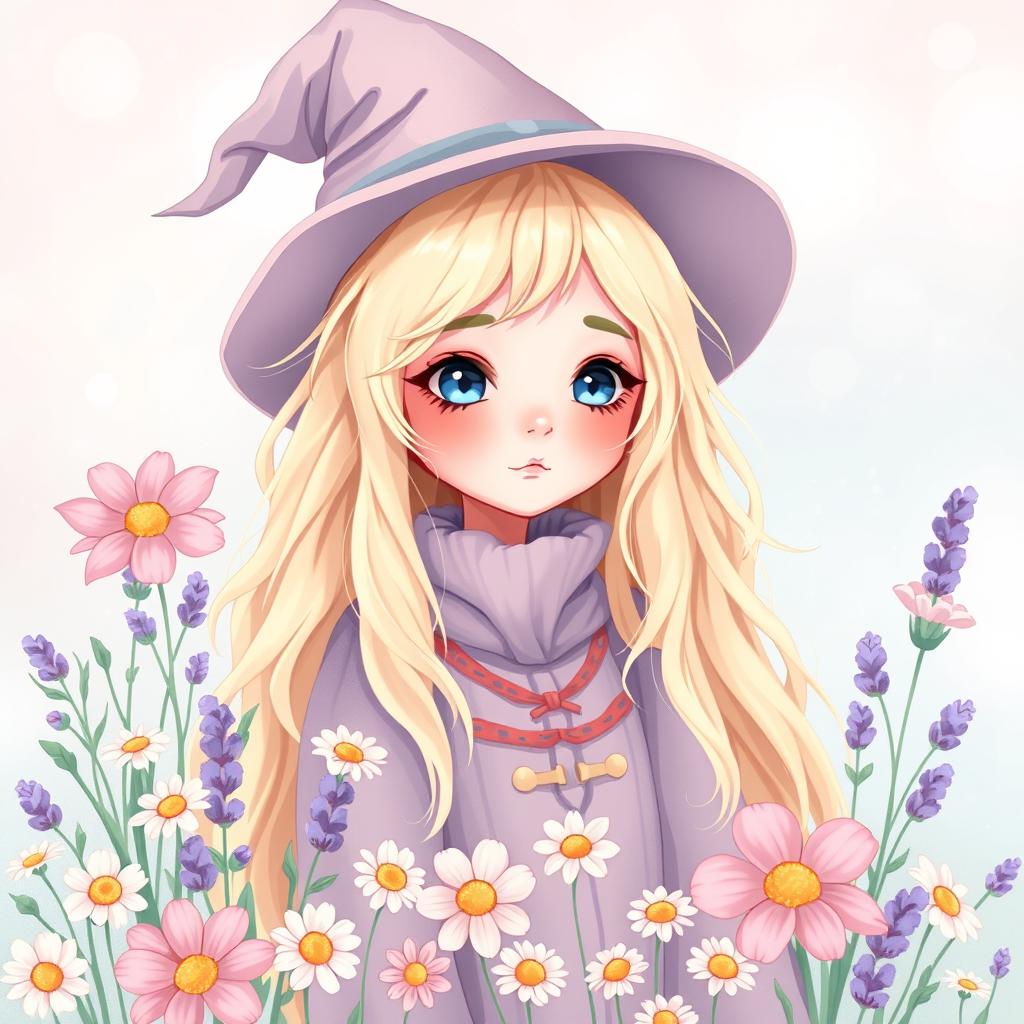 A dreamy illustration of a young witch inspired by Luna Lovegood, featuring her signature long, tousled blonde hair and whimsical fashion sense