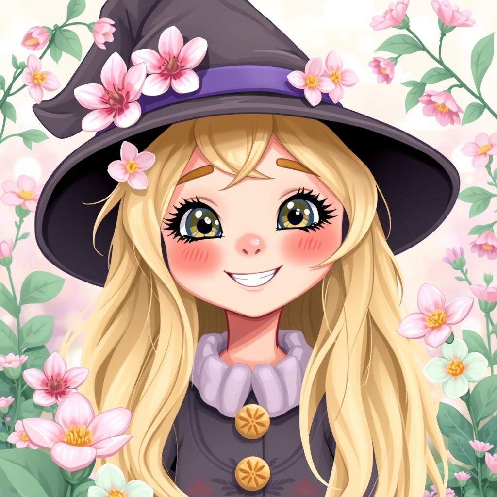 A cheerful illustration of a young witch reminiscent of Luna Lovegood, showcasing her bright and expressive face that radiates happiness