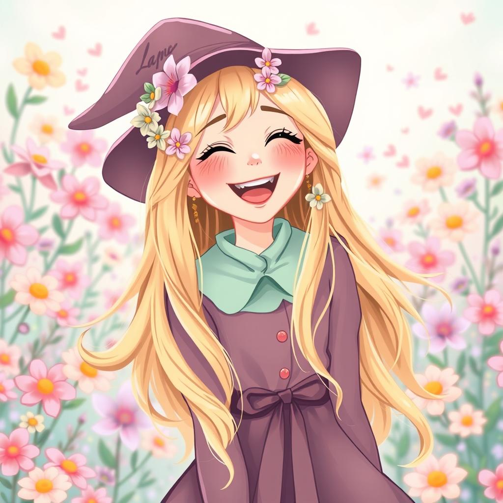 A joyful illustration of a young witch reminiscent of Luna Lovegood, captured in a moment of laughter