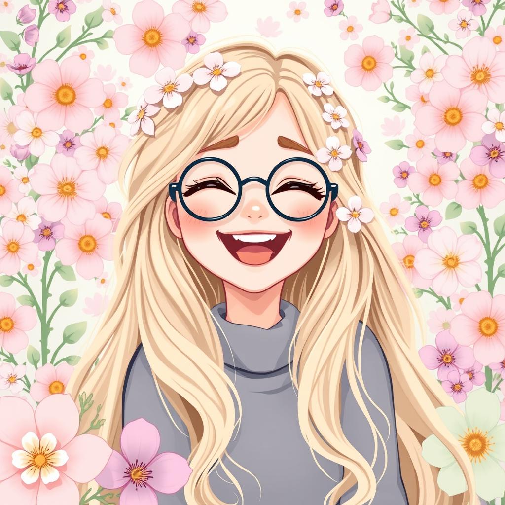 A joyful illustration of a young witch reminiscent of Luna Lovegood, captured in a moment of laughter