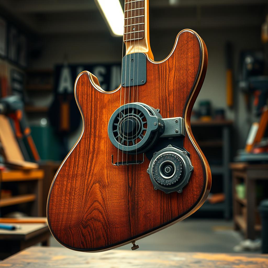 A unique guitar design featuring a gasoline engine similar to those found in lawnmowers and saws
