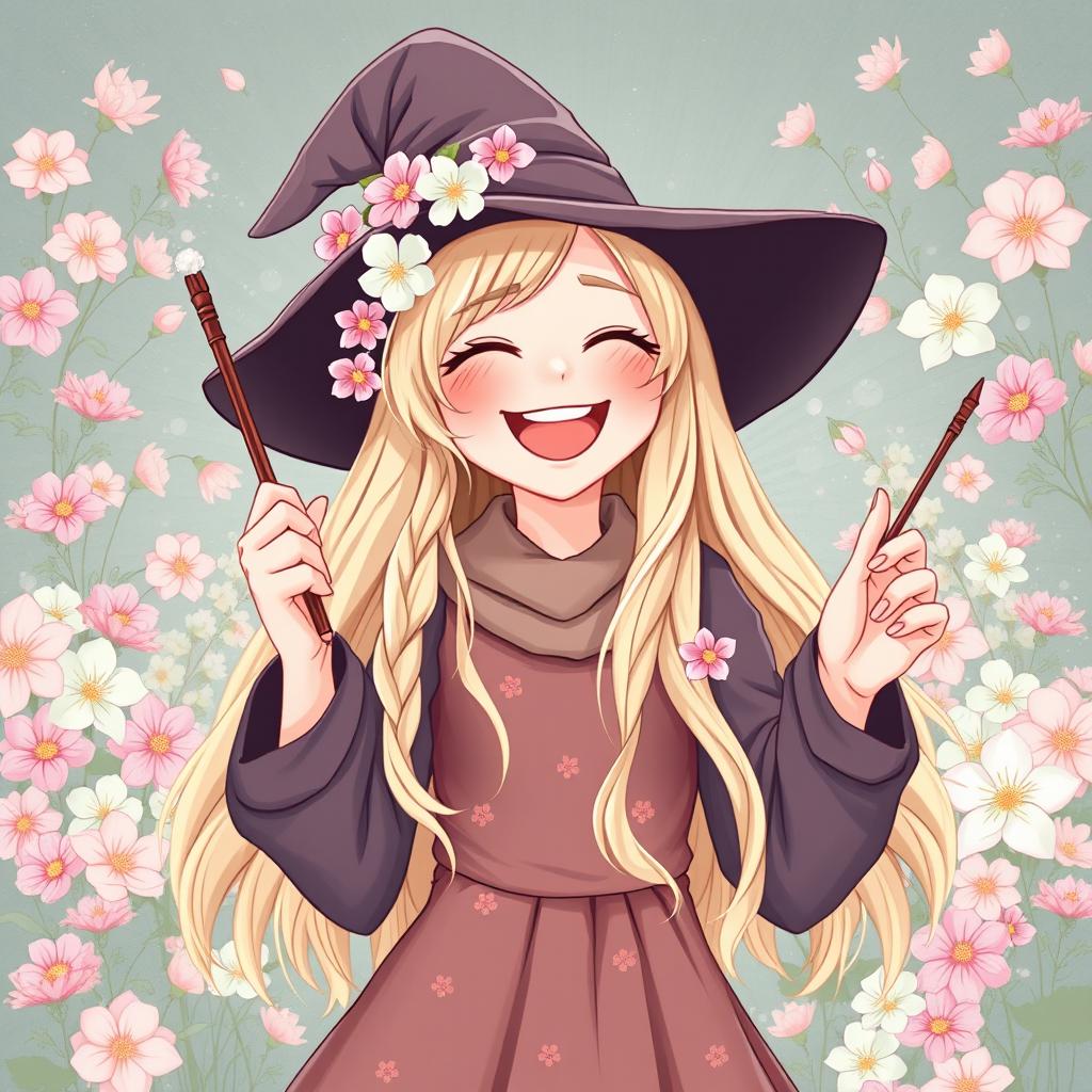 A joyful illustration of a young witch reminiscent of Luna Lovegood, depicted in a moment of laughter