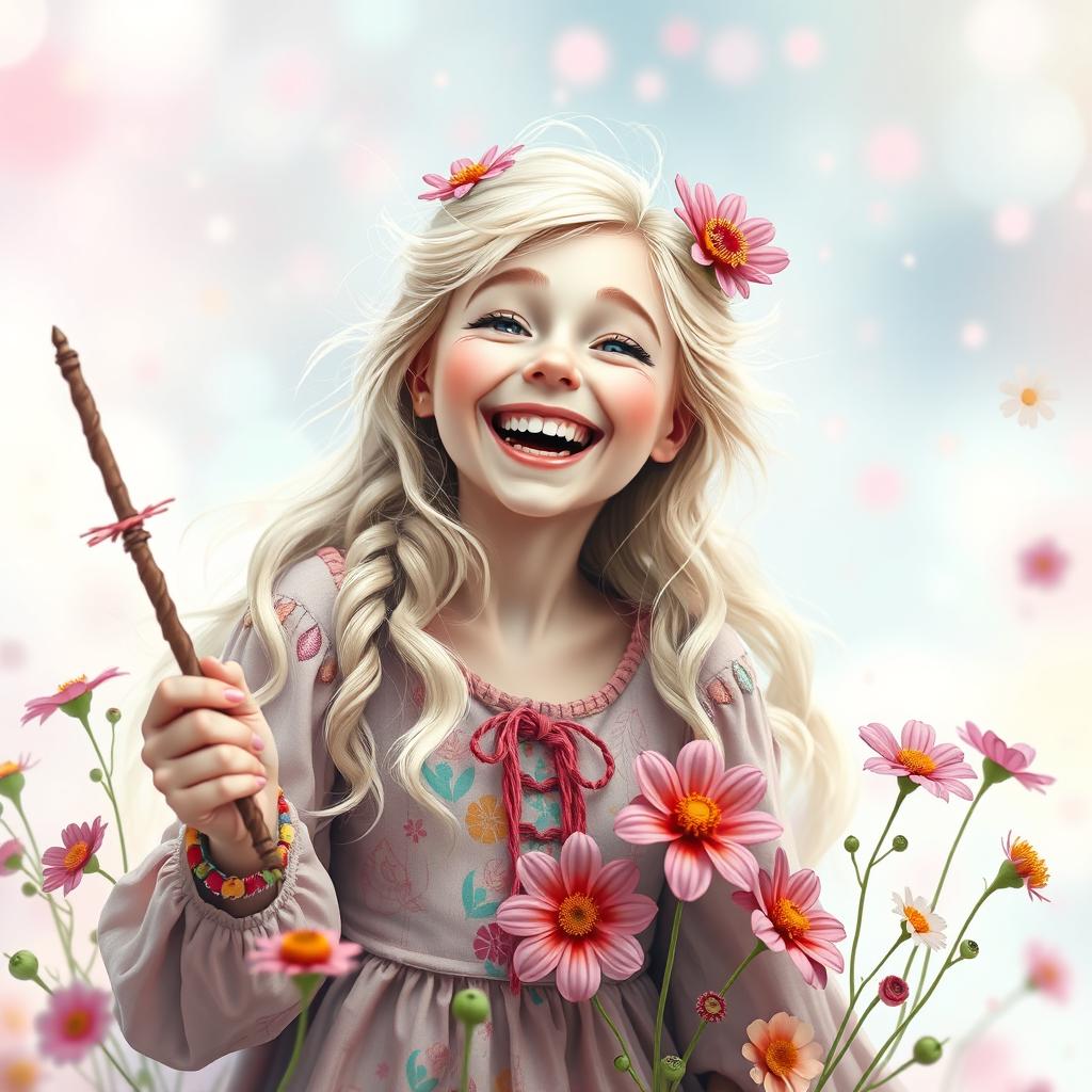 A joyful and whimsical portrait of a laughing Luna Lovegood, surrounded by a dreamy atmosphere filled with pastel colors and delicate flowers