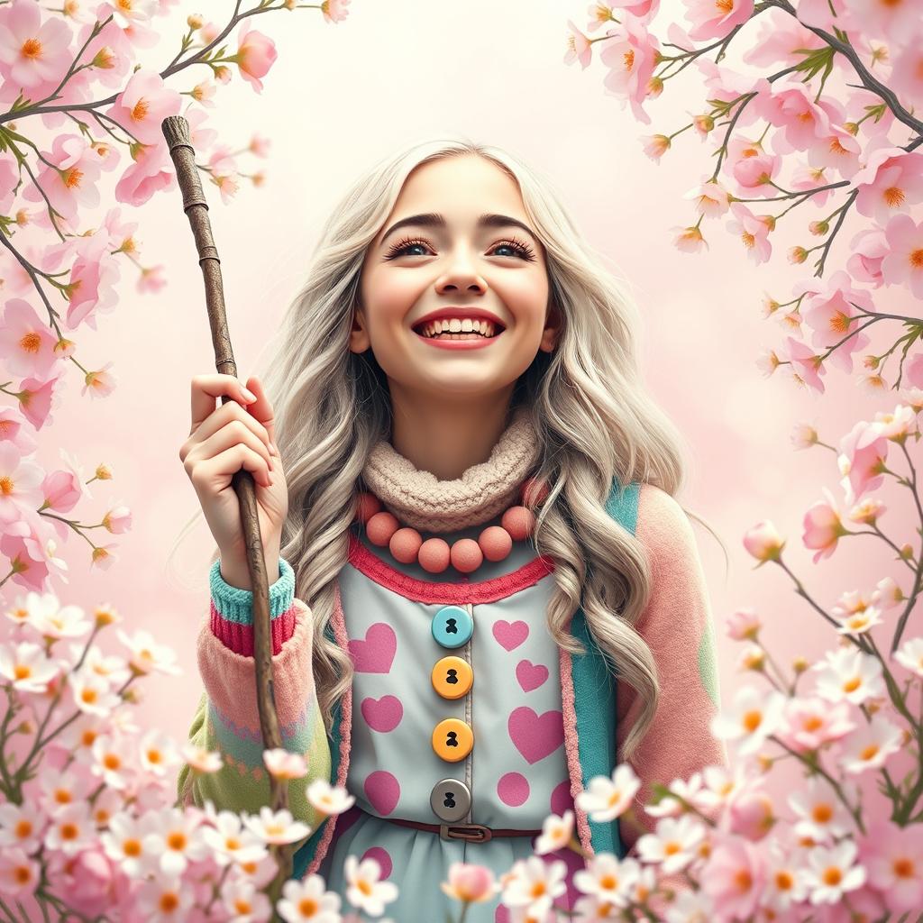 A vibrant and joyful portrait of a laughing Luna Lovegood, surrounded by a whimsical setting filled with pastel colors and blooming flowers