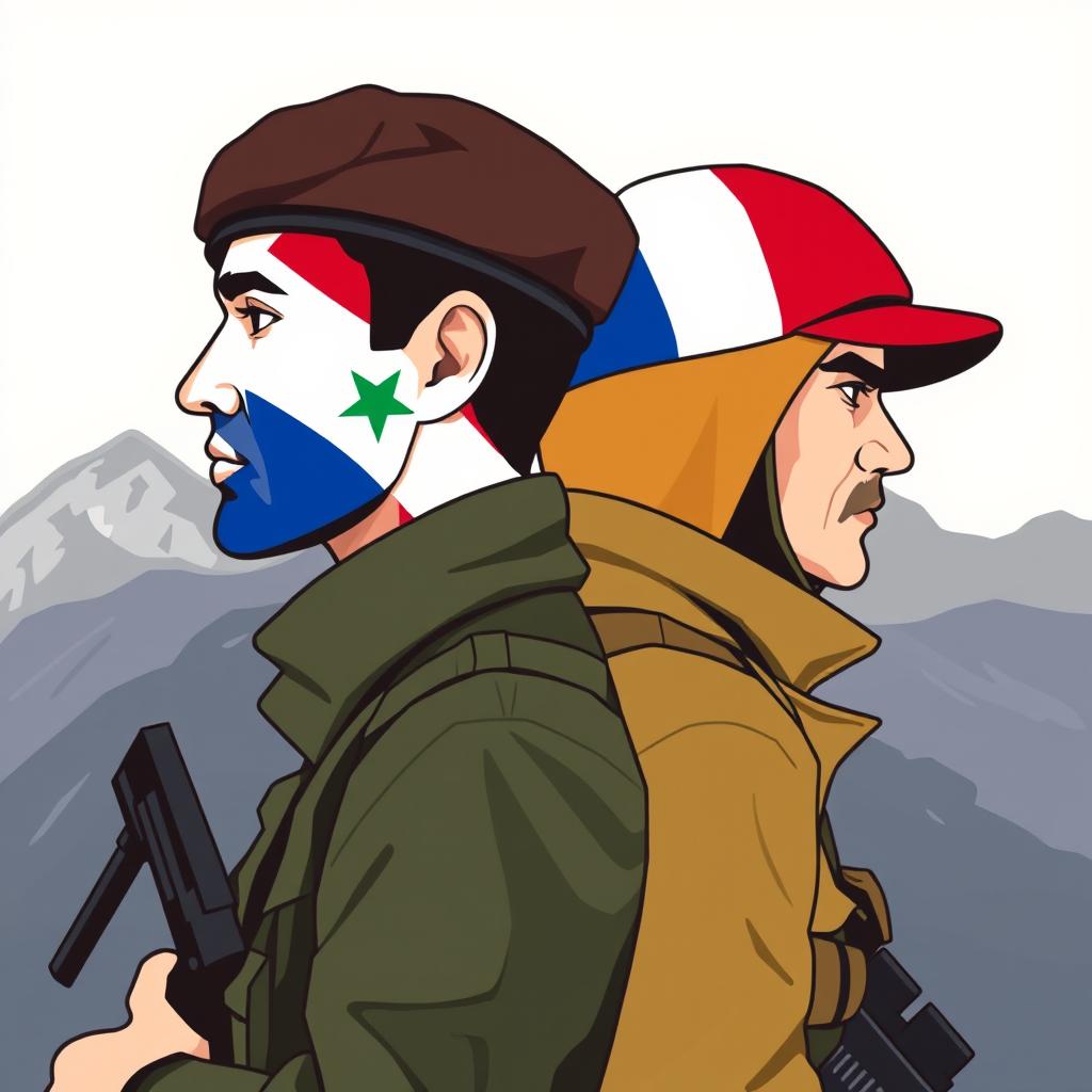 A stylized illustration featuring the heads of a Jordanian soldier and a French alpine hunter, styled in a graphic, artistic manner