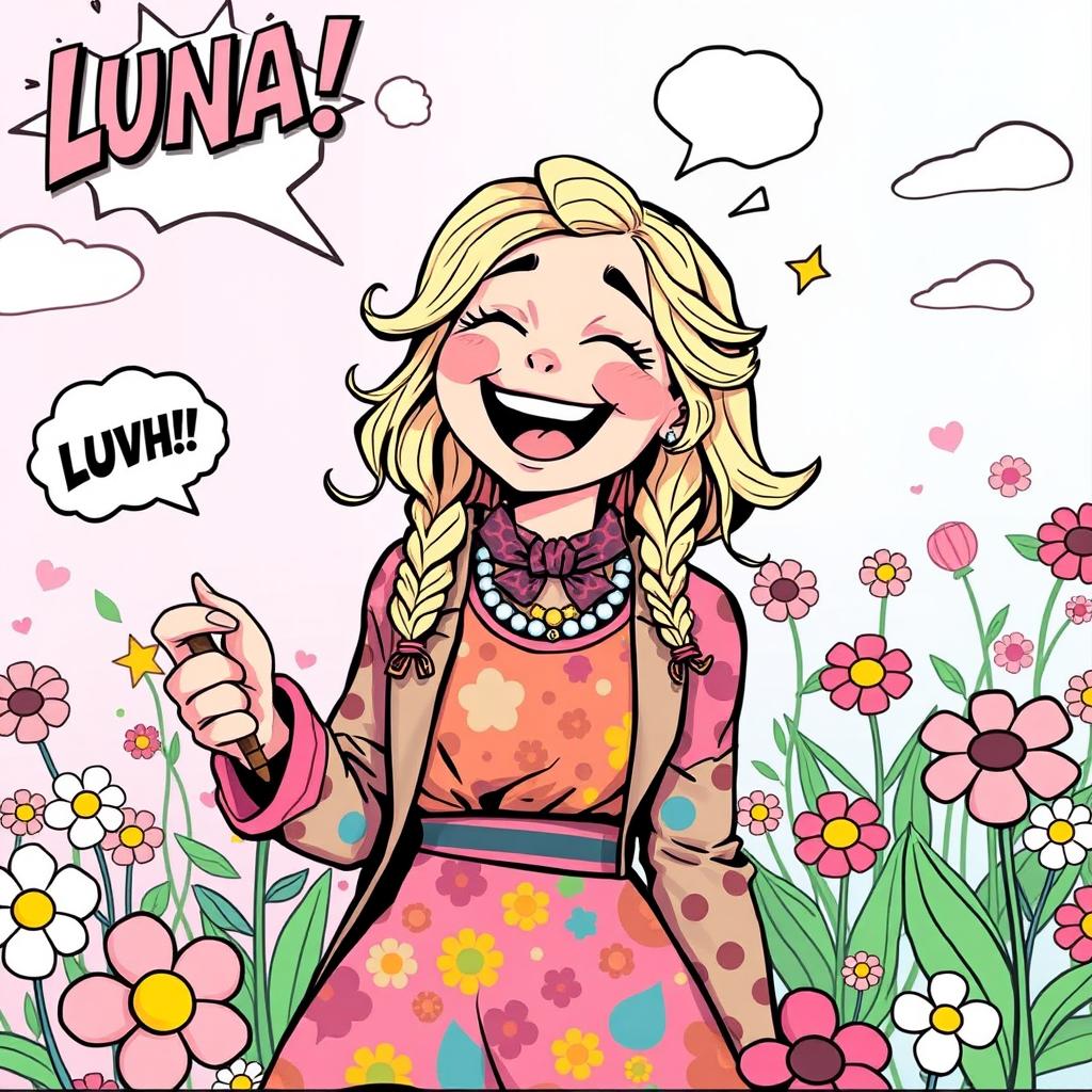 A vibrant comic-style illustration of a laughing Luna Lovegood, radiating joy in a whimsical scene filled with pastel colors and an abundance of flowers