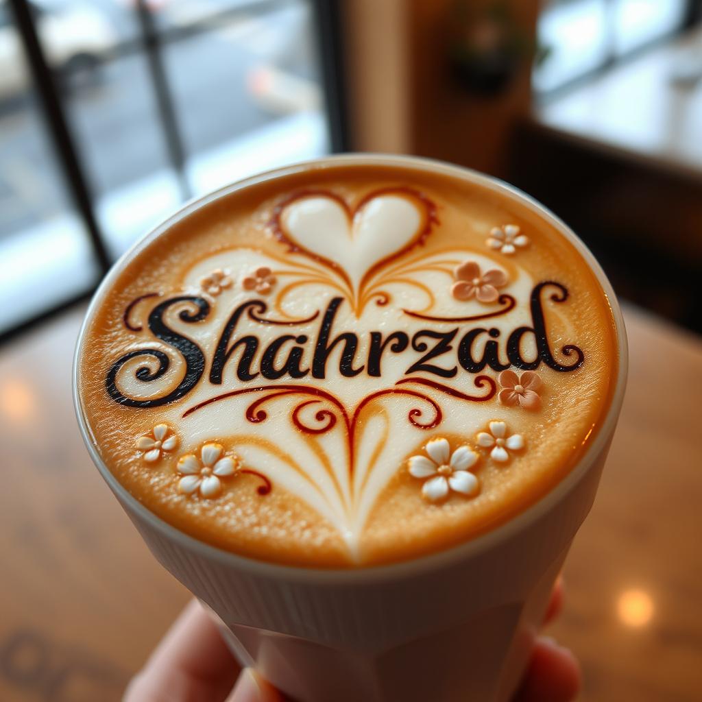 A beautifully crafted latte art featuring the name "Shahrzad" elegantly designed in intricate swirls and patterns, with stunning heart shapes and delicate flowers surrounding the name, set against a creamy coffee surface in a cozy café ambiance