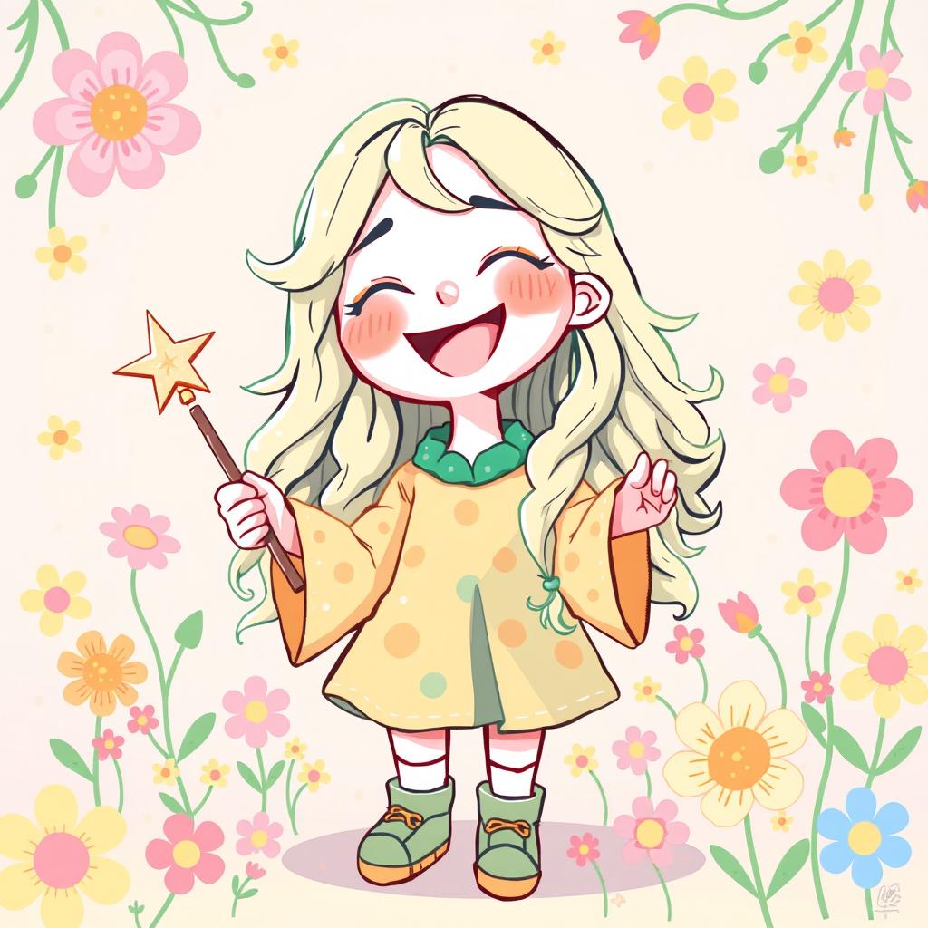 A cute and whimsical illustration of a laughing Luna Lovegood, brimming with joy, surrounded by a soft and enchanting setting filled with pastel colors and playful flowers