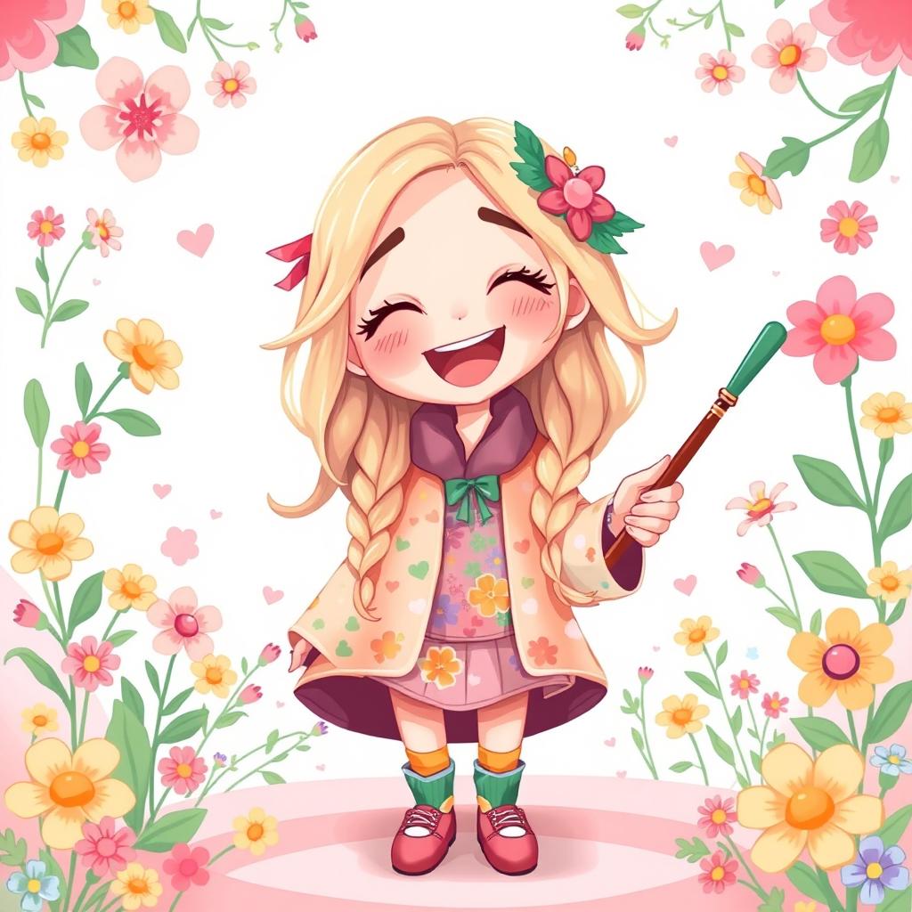 A delightful and cute illustration of a laughing Luna Lovegood, radiating happiness in a whimsical setting adorned with pastel colors and vibrant flowers