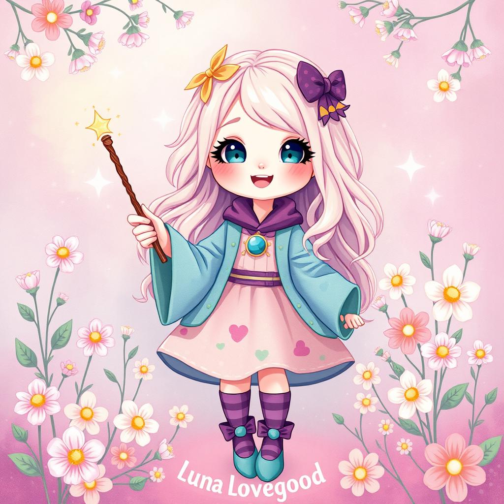 A cute and enchanting illustration of Luna Lovegood, surrounded by a magical ambiance filled with pastel colors and blooming flowers