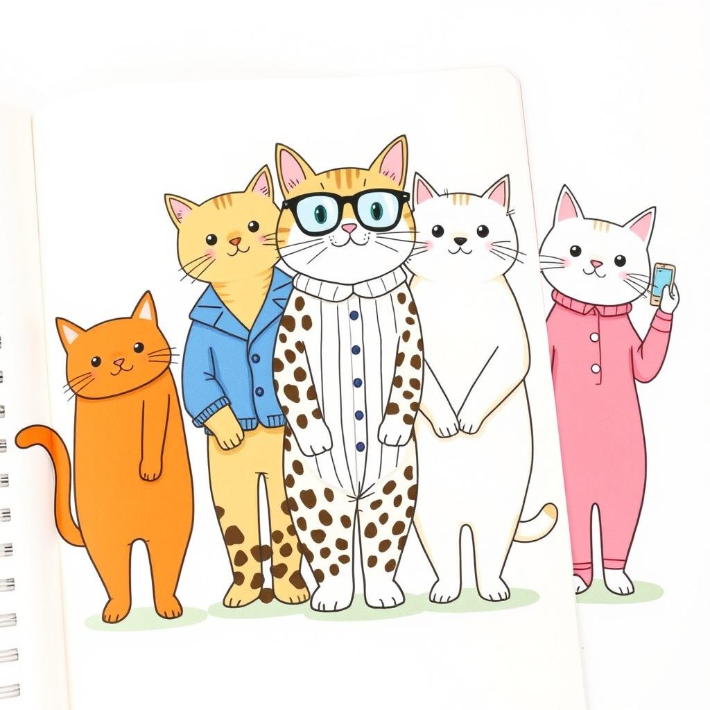 A whimsical illustration featuring five distinct cats on a single page, placed in an organized manner