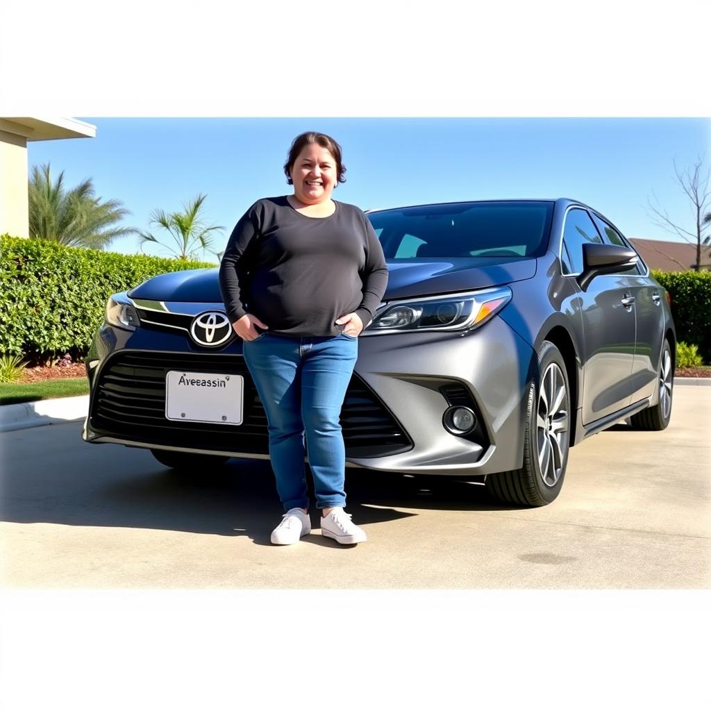An average-sized, chubby person, casually posing in front of their newly received Toyota Avensis