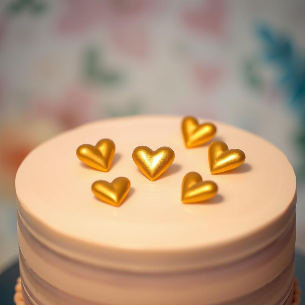 A beautifully decorated cake featuring five small golden hearts elegantly arranged on the surface