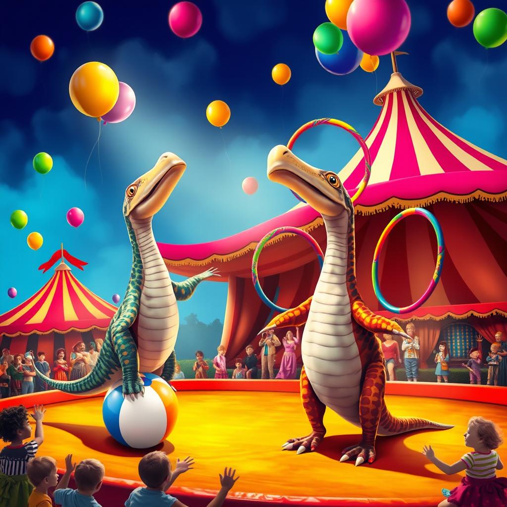 A whimsical circus scene featuring majestic plesiosaurs performing under a big top