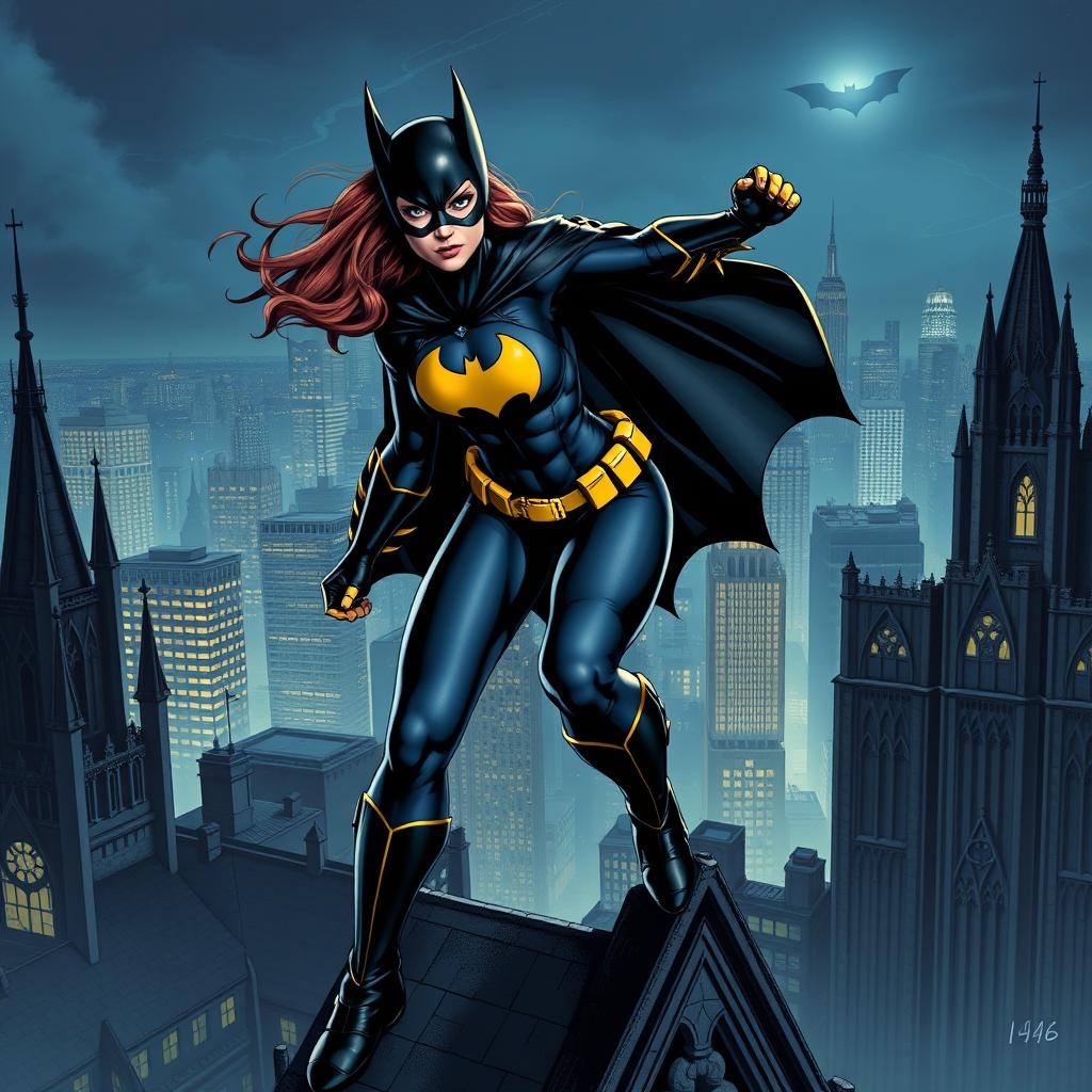 A powerful and dynamic image of Batgirl in an action pose, standing atop a gothic building in Gotham City at night