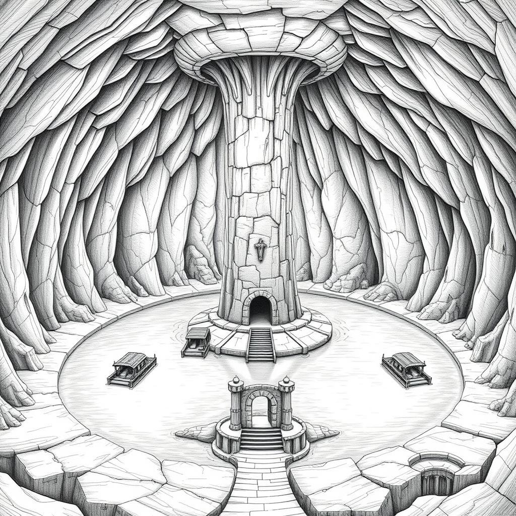 A detailed black and white drawing of a gigantic cavern featuring a massive central underground lake