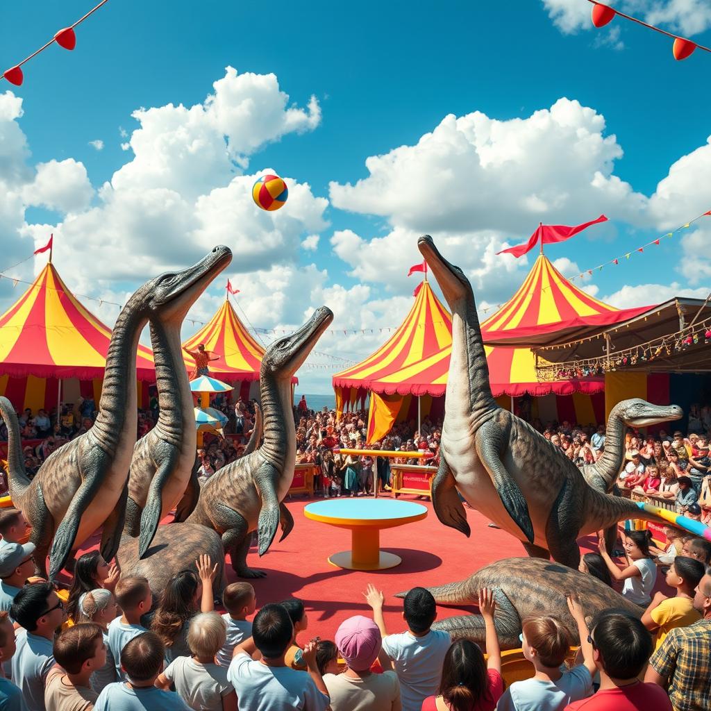 Plesiosaurs performing in a vibrant circus atmosphere, showcasing their playful nature, with colorful circus tents in the background