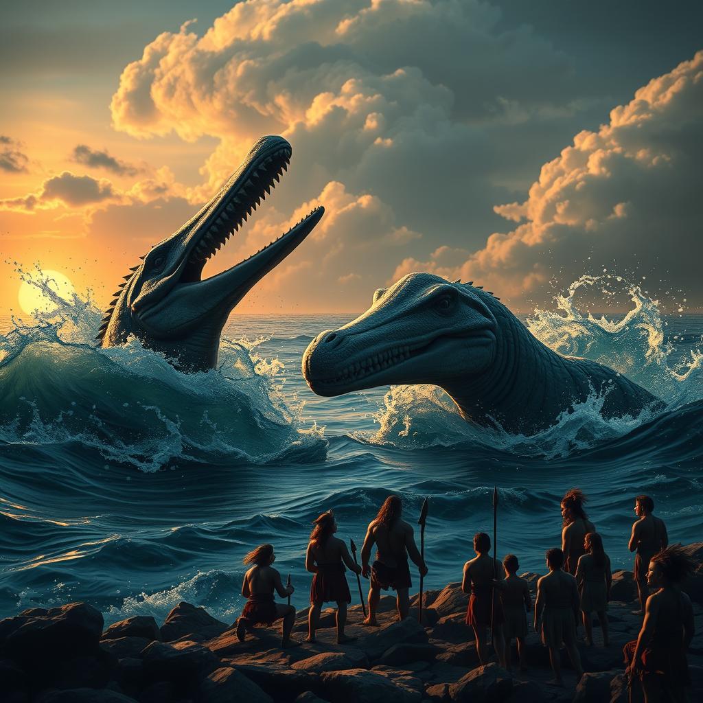 A dramatic scene featuring two fierce plesiosaurs engaged in a struggle, with their long necks and large flippers twisting and thrashing against each other in a prehistoric ocean