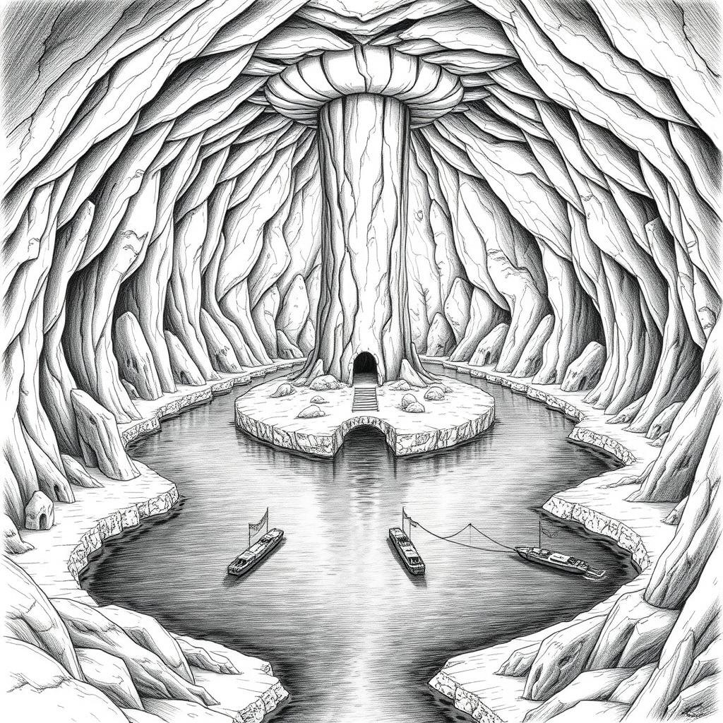 A detailed black and white drawing of a gigantic cavern featuring a very large central underground lake, which is connected to a flowing river originating from the front and extending to the back of the cavern