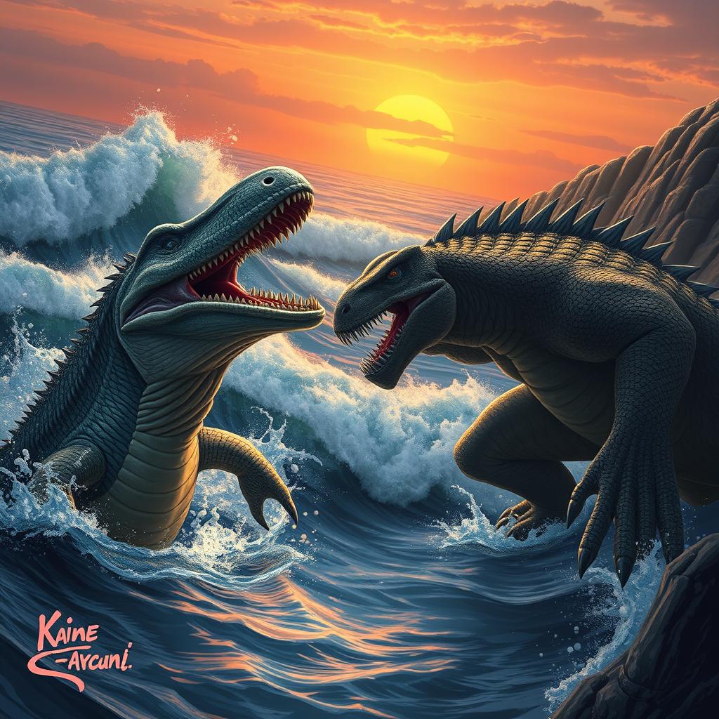 A fierce battle scene showcasing a Plesiosaur, a large marine reptile with a long neck and four flippers, emerging from the ocean waves, jaws wide open in a threatening display