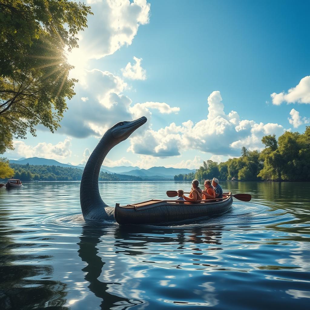 An epic scene depicting a thrilling confrontation between a majestic plesiosaur and a canoe in a serene lake setting
