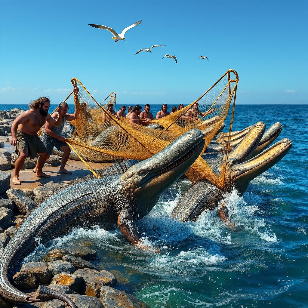 A dramatic scene depicting a group of rugged men capturing plesiosaurs with large nets on a rocky shoreline
