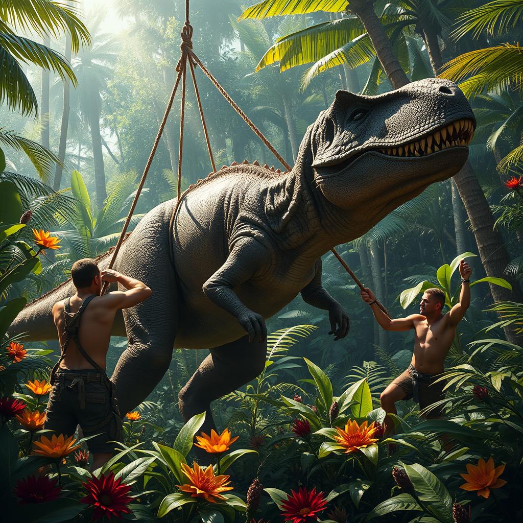A dramatic scene depicting a group of rugged men capturing a large dinosaur in a dense, lush jungle