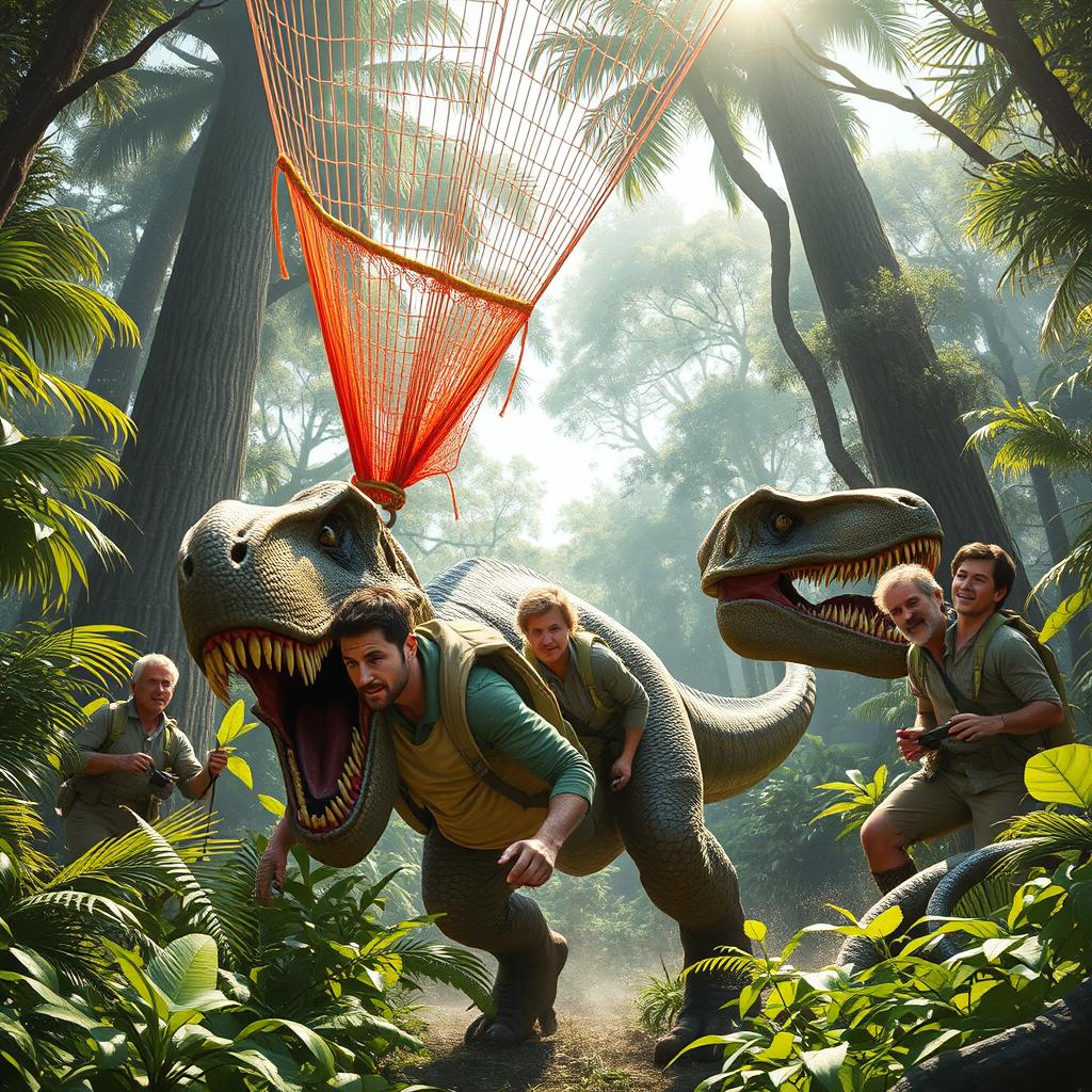 A dynamic scene depicting a dinosaur being captured by a determined group of men using large nets