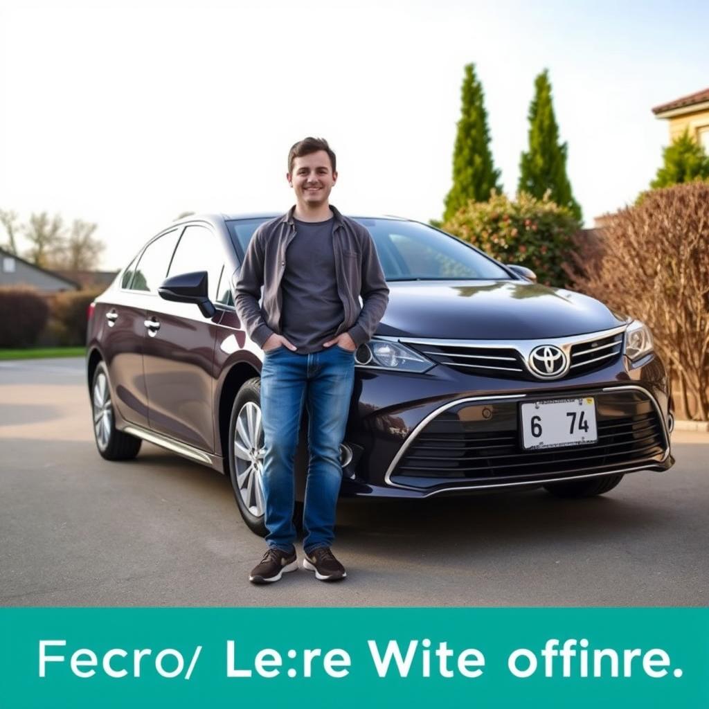 A normal person, of average build, casually posing in front of their newly received Toyota Avensis