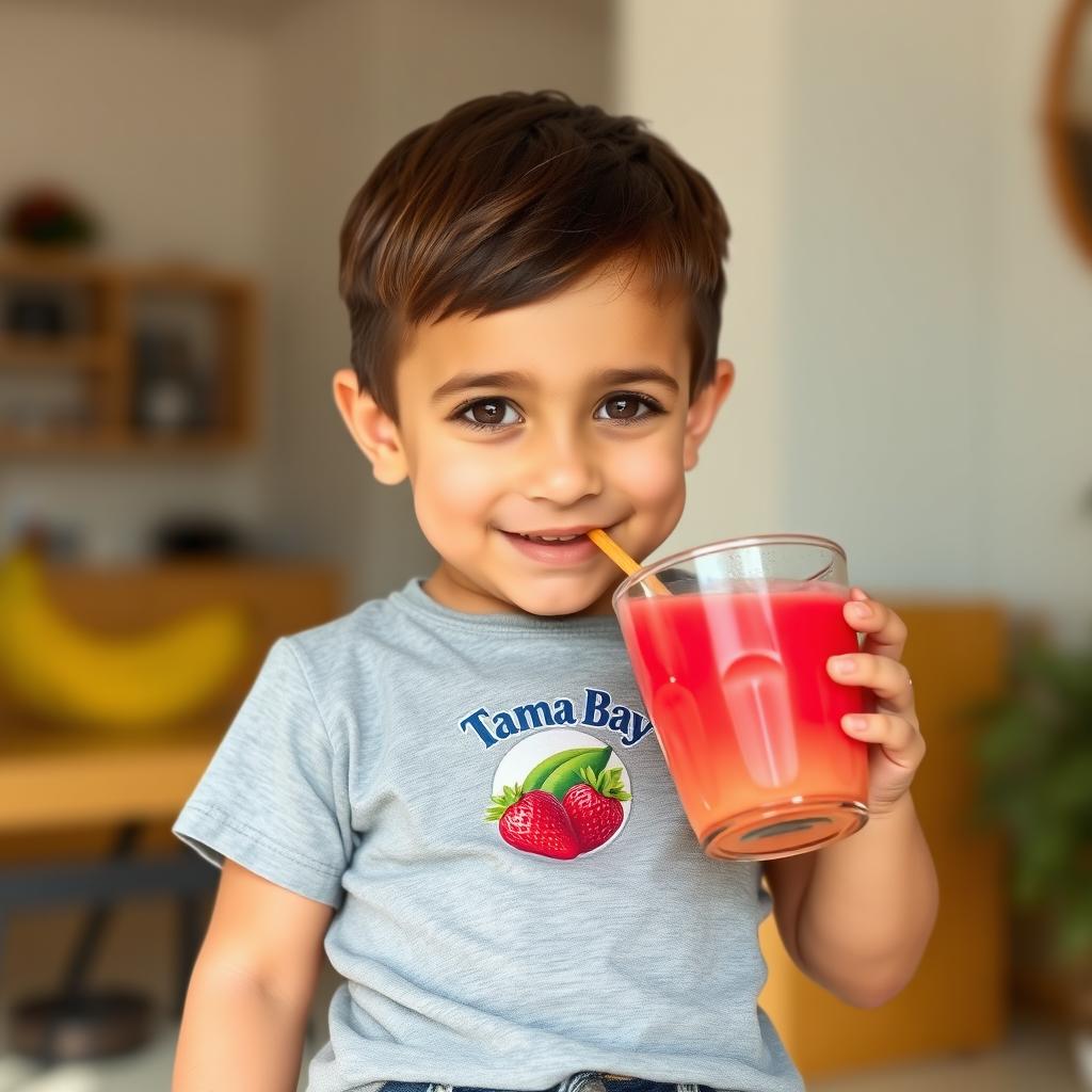A Lebanese child with fair skin, wide kohl-lined brown eyes, and short brown hair