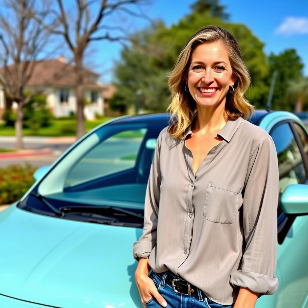 A casual scene featuring a normal female person with average beauty in her mid-40s standing in front of her newly received Fiat 500