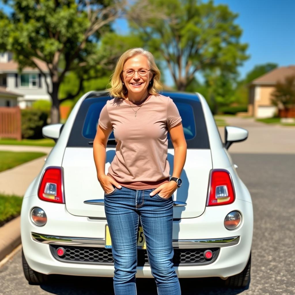 A casual outdoor scene featuring a normal female person with average beauty in her mid-40s posing in front of her newly received Fiat 500