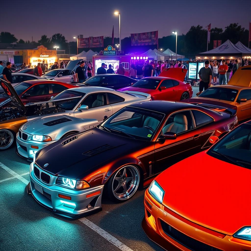 A collection of stunningly customized tuning cars showcased at a vibrant car show