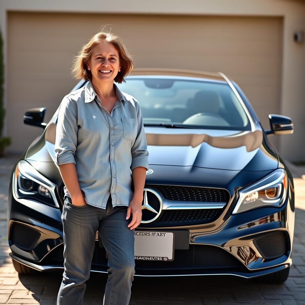 A normal person in their mid-40s with average beauty, casually posing in front of their newly received Mercedes CLA