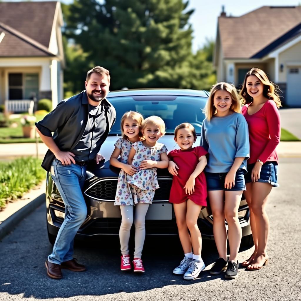 A small family of four, including a father, mother, and two children, posing in front of their newly received Ford Focus sedan