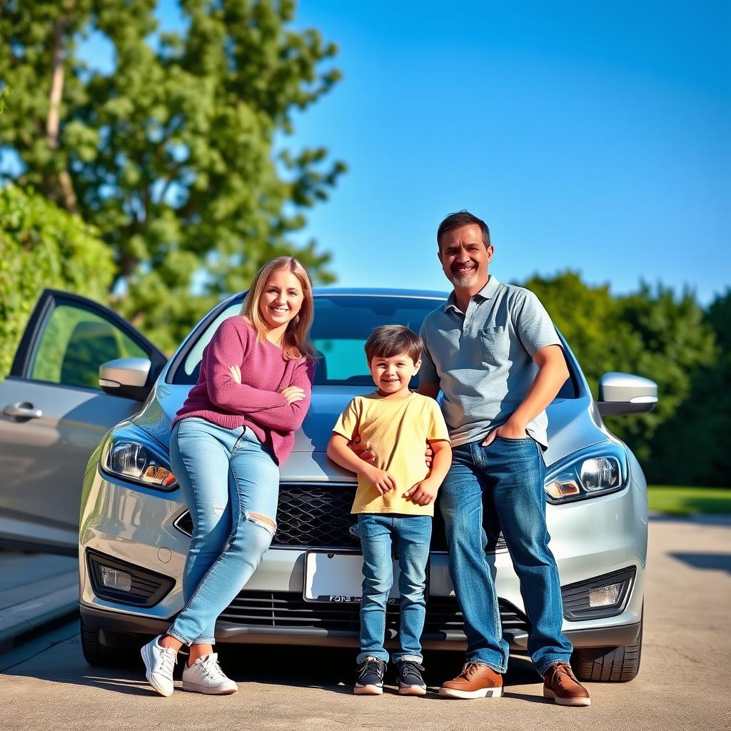 A small family of three, consisting of an average-looking mother, father, and a young child, casually posing in front of their newly received Ford Focus sedan