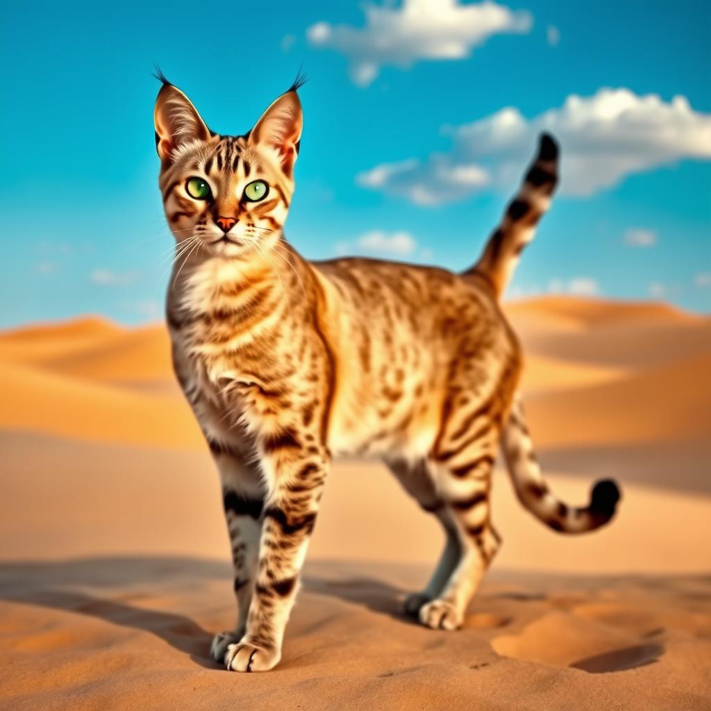 A majestic Touareg cat, with smooth, sleek fur displaying a blend of deep desert colors such as sandy beige and rich brown, standing proudly in a beautiful desert landscape