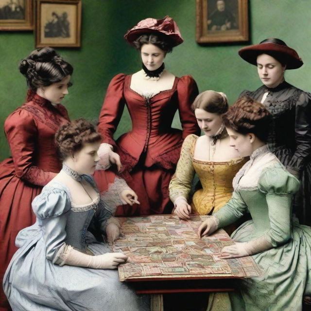 Women from the Victorian age, identified as sex workers, involved in a communal act of assembling a complex jigsaw puzzle, dressed in period attire.